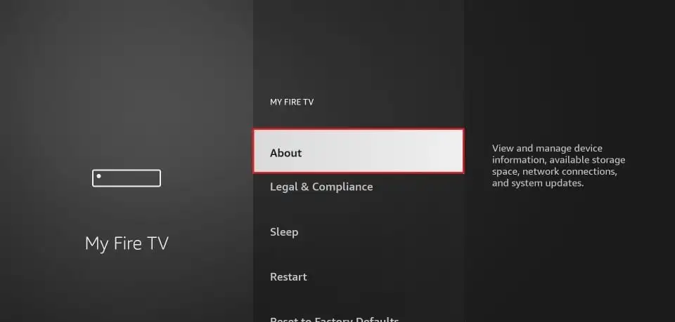 Selecting 'About' to reveal Developer Options on Firestick