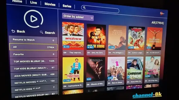 Browsing live TV channel categories on IBO Player Pro