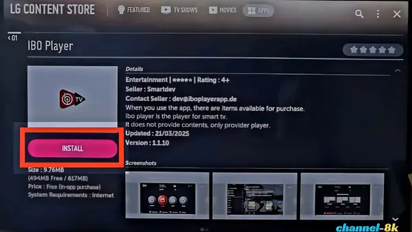 Installing IBO Player Pro from the LG Content Store webOS