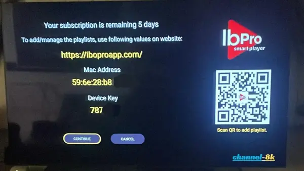 IBO Player Pro settings screen showing MAC Address and Device Key